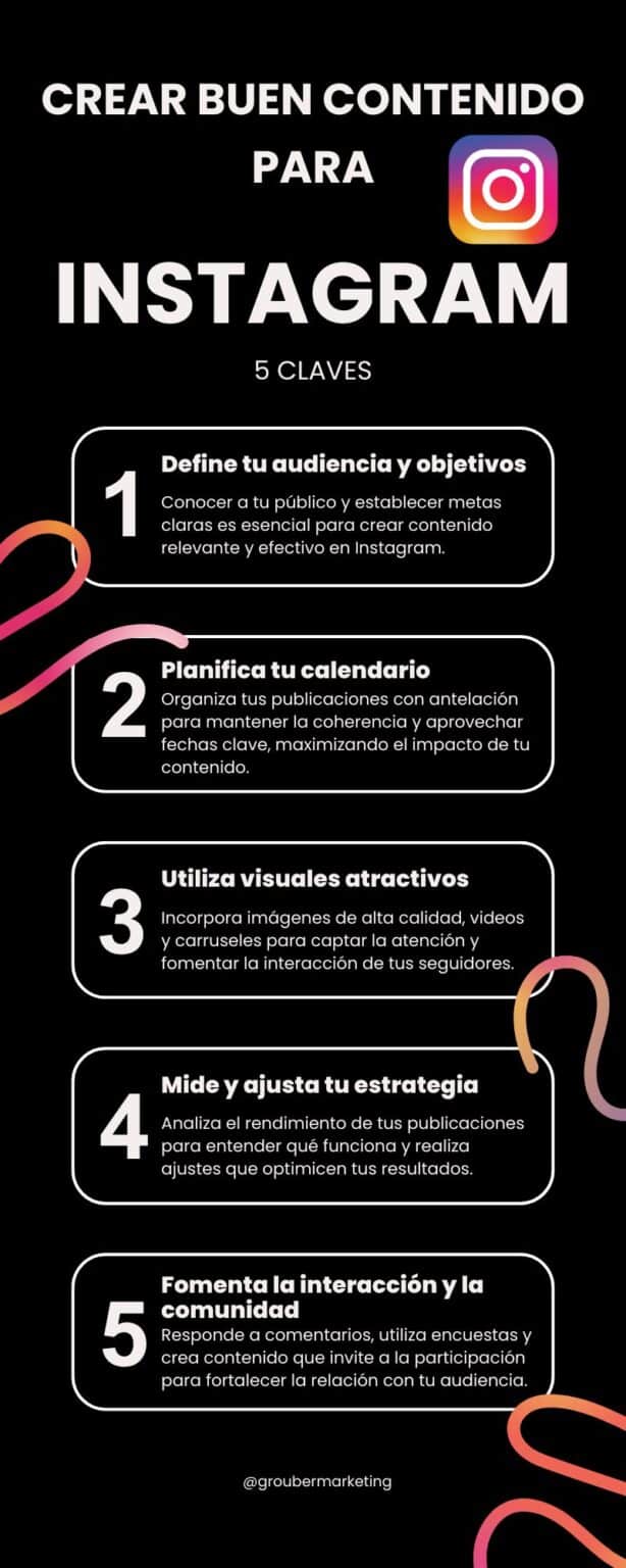 Infografía sobre cómo crear buen contenido en Instagram con 5 claves para optimizar tus publicaciones y mejorar la interacción con tu audiencia.