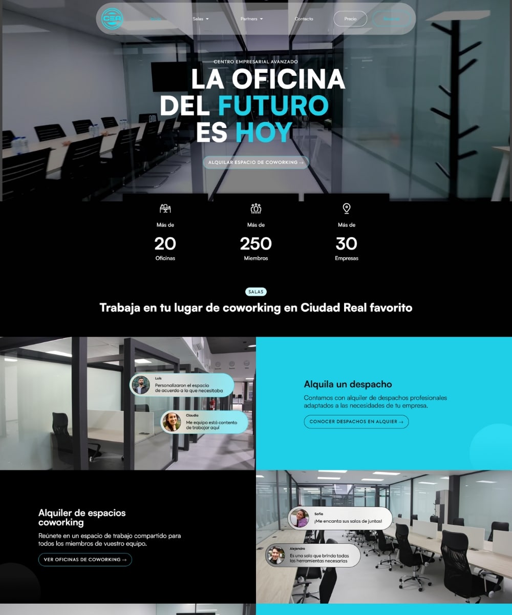 Landing page para espacios de coworking creada con diseño y desarrollo web innovador.