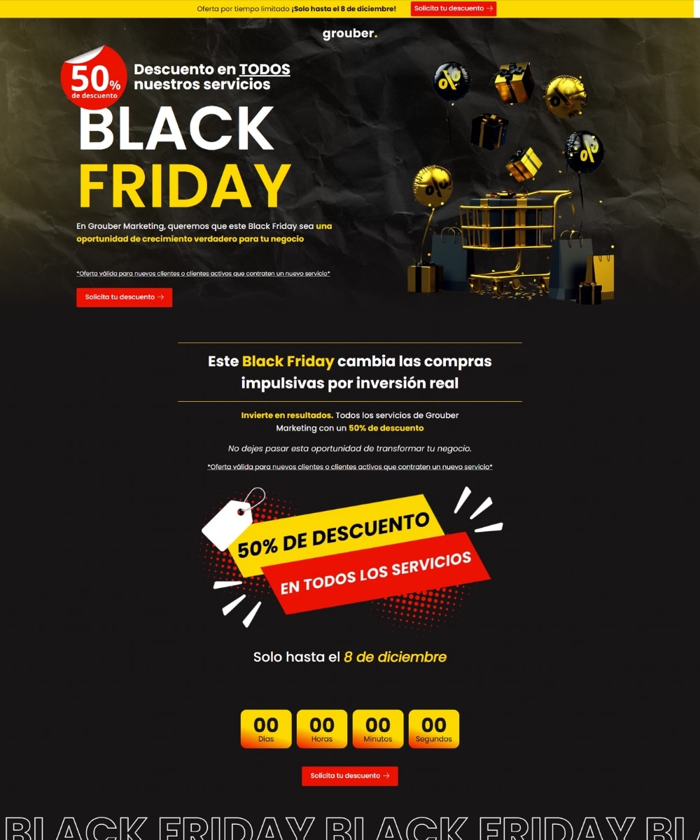 Página promocional para Black Friday creada con estrategias de diseño y desarrollo web.