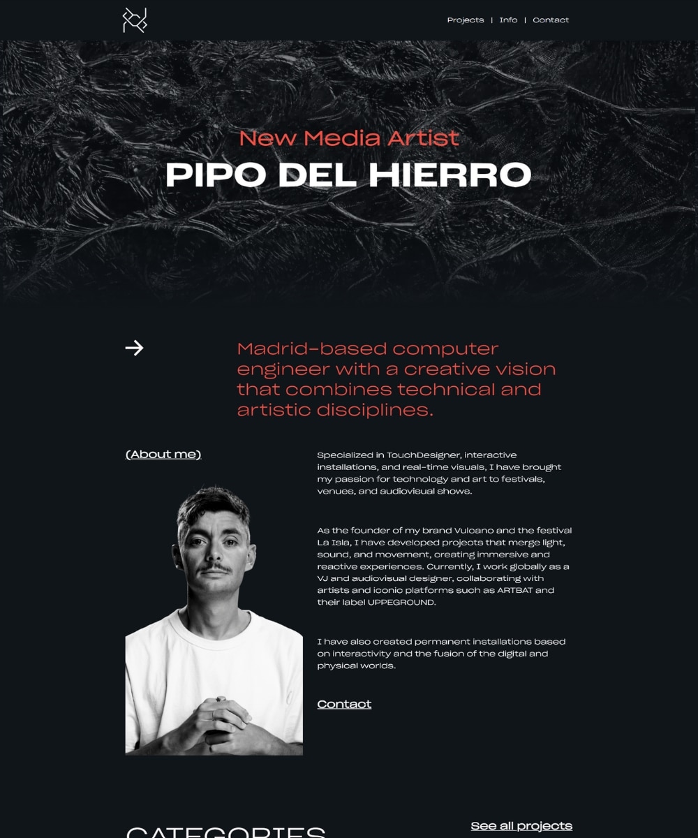 Diseño y desarrollo web para portafolio personal con un estilo moderno y minimalista.