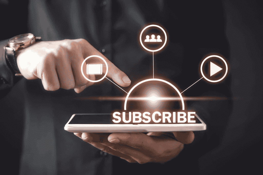 Especialistas en YouTube Ads mostrando una estrategia de suscripción en pantalla táctil