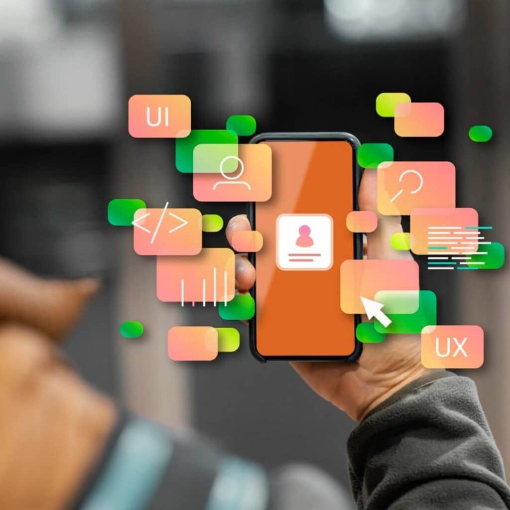 Persona sosteniendo un smartphone con interfaz gráfica animada que representa funciones de inteligencia artificial, diseño UX/UI y desarrollo, simbolizando herramientas y alternativas a ChatGPT.