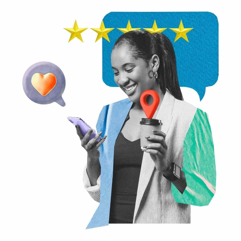 Mujer sonriendo mientras usa su móvil, ilustrando cómo contestar reseñas en Google para mejorar la reputación online de un negocio. Como contestar una reseña en Google