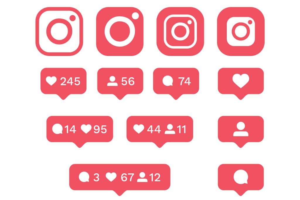 Notificaciones de Instagram con likes, comentarios y nuevos seguidores, ilustrando el impacto de comprar seguidores en Instagram