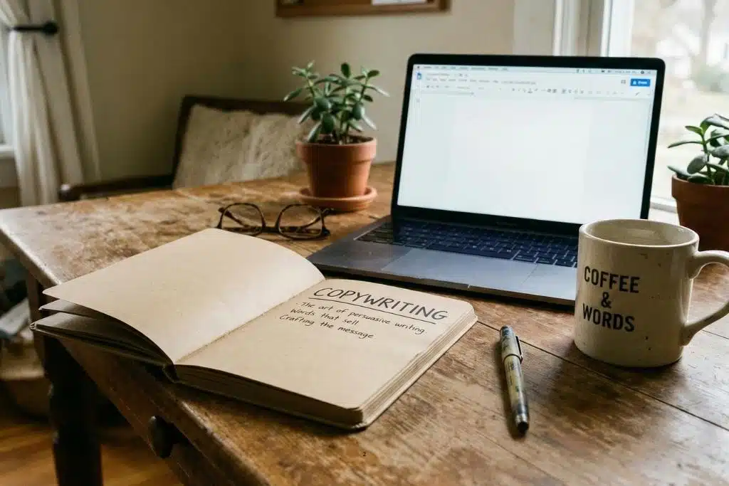 Mesa de trabajo con portátil y libreta: qué es el copywriting