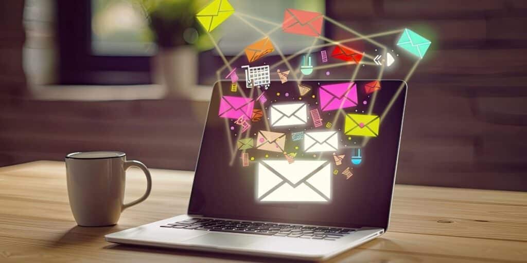 Qué es el email marketing: portátil con sobres saliendo de la pantalla representando campañas y tipos de email marketing
